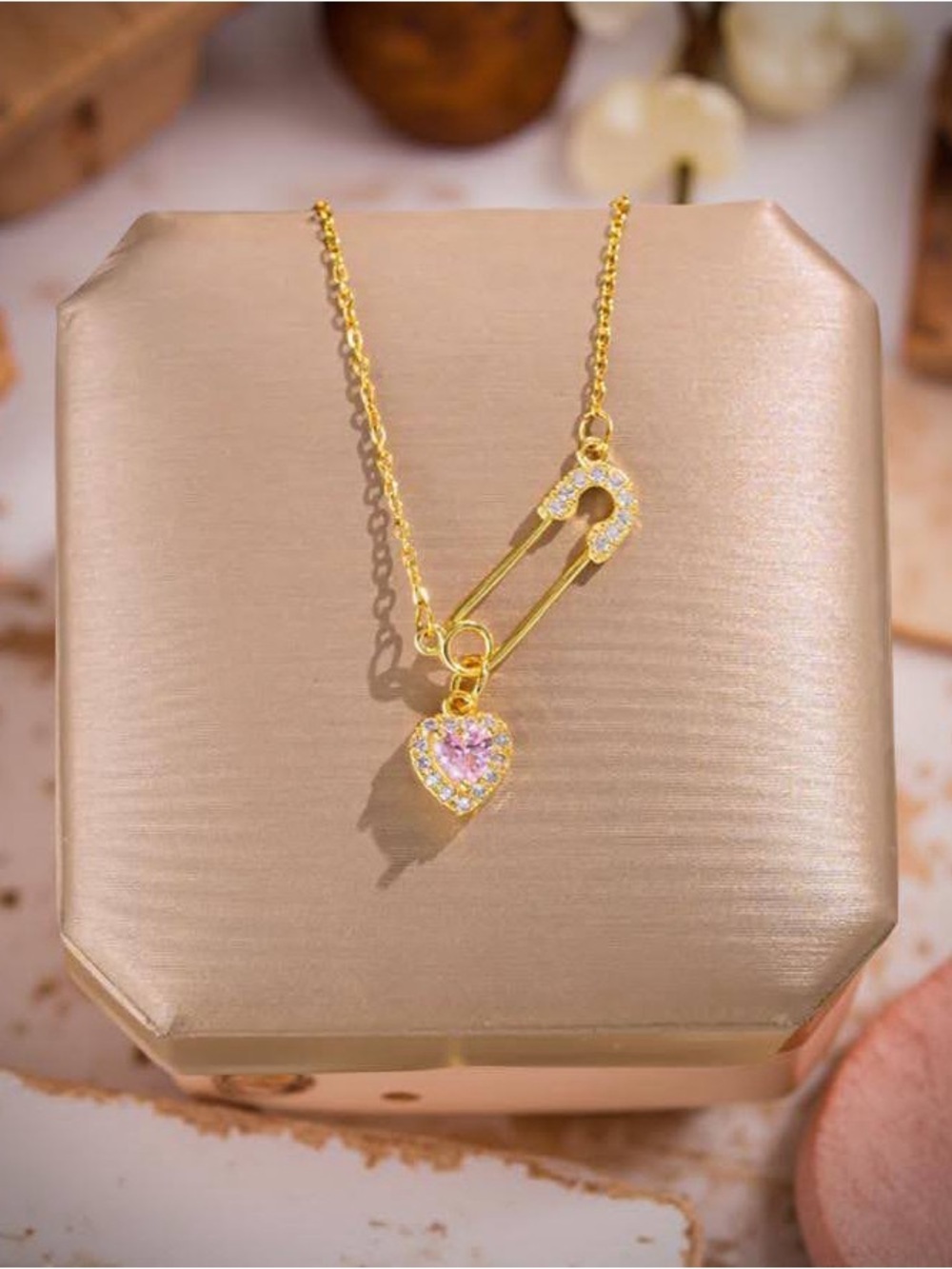 Gold Safety Pin Necklace with Pink Heart Pendant